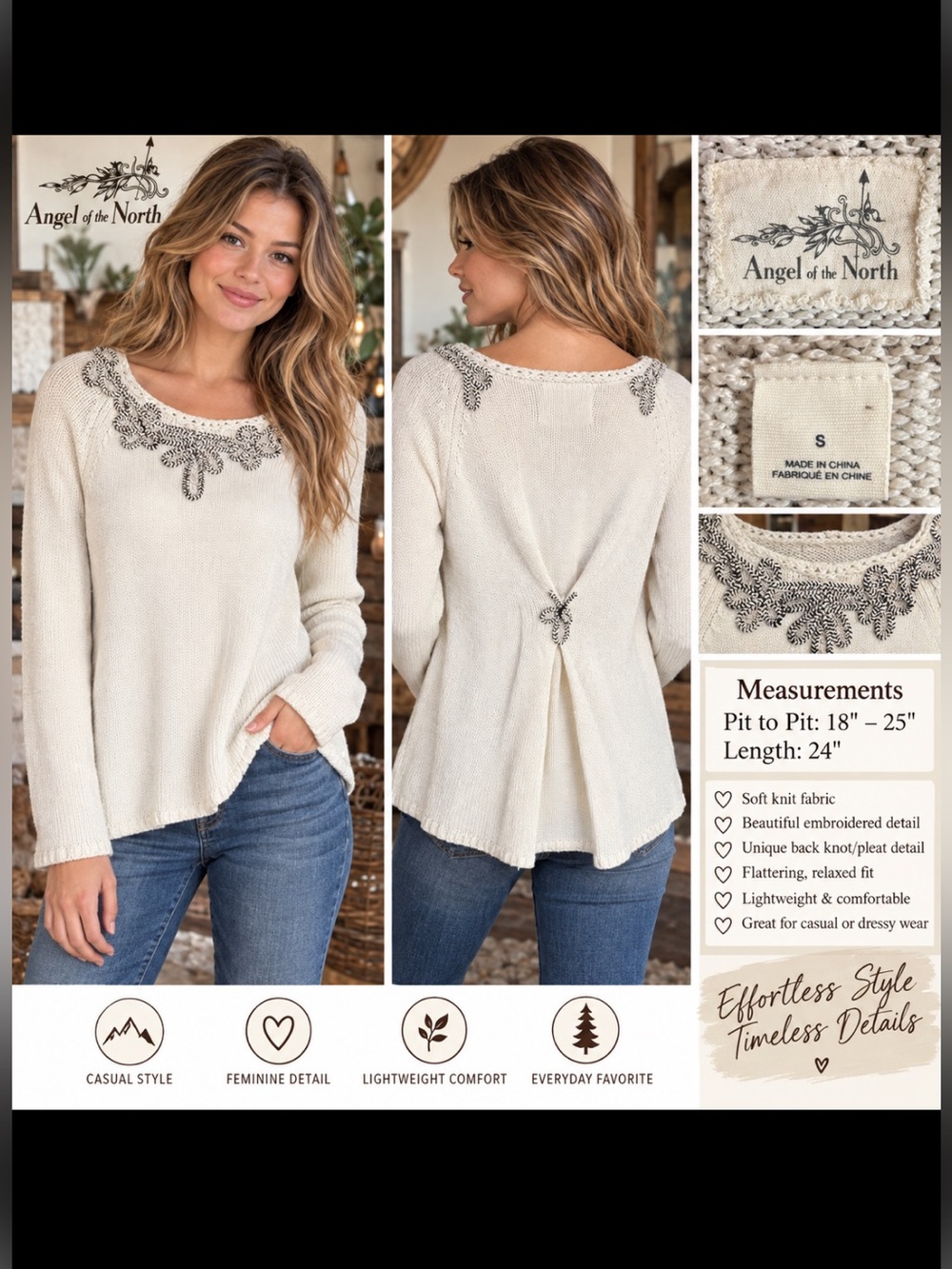 Angel of the North Cream Embroidered Back-Knot Knit Pullover